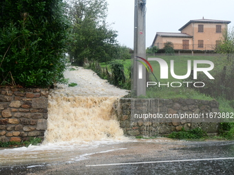 Floods and flooding occur in the village of Maclas, Loire department in France, on October 17, 2024. (