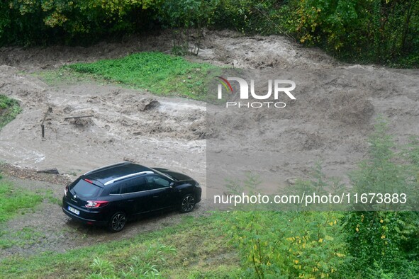 Floods and flooding occur in the village of Maclas, Loire department in France, on October 17, 2024. 