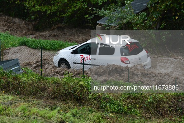 Floods and flooding occur in the village of Maclas, Loire department in France, on October 17, 2024. 