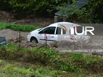 Floods and flooding occur in the village of Maclas, Loire department in France, on October 17, 2024. (