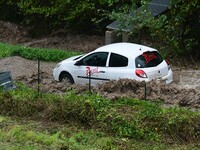 Floods and flooding occur in the village of Maclas, Loire department in France, on October 17, 2024. (