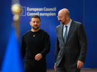 Ukraine's president Volodymyr Zelensky and European Council President Charles Michel arrive to attend the two-day European Council summit in...