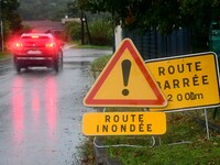 Floods and flooding occur in the village of Maclas, Loire department in France, on October 17, 2024. (