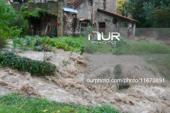 Floods and flooding occur in the village of Pelussin, Loire department, in France, on October 17, 2024. 