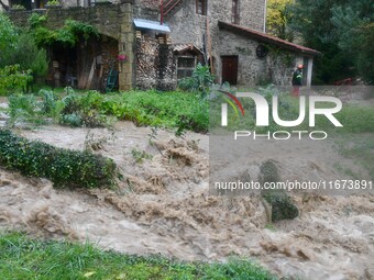 Floods and flooding occur in the village of Pelussin, Loire department, in France, on October 17, 2024. (