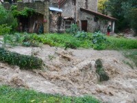 Floods and flooding occur in the village of Pelussin, Loire department, in France, on October 17, 2024. (