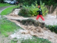 Floods and flooding occur in the village of Pelussin, Loire department, in France, on October 17, 2024. (