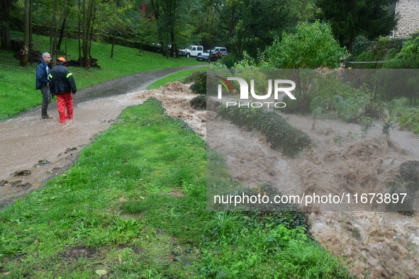 Floods and flooding occur in the village of Pelussin, Loire department, in France, on October 17, 2024. 