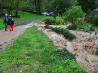 Floods and flooding occur in the village of Pelussin, Loire department, in France, on October 17, 2024. (