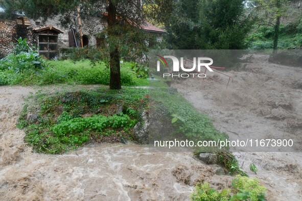 Floods and flooding occur in the village of Pelussin, Loire department, in France, on October 17, 2024. 