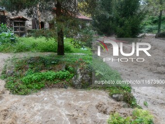 Floods and flooding occur in the village of Pelussin, Loire department, in France, on October 17, 2024. (