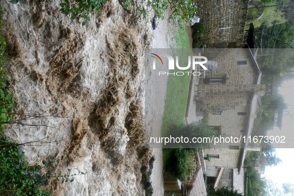 Floods and flooding occur in the village of Pelussin, Loire department, in France, on October 17, 2024. 