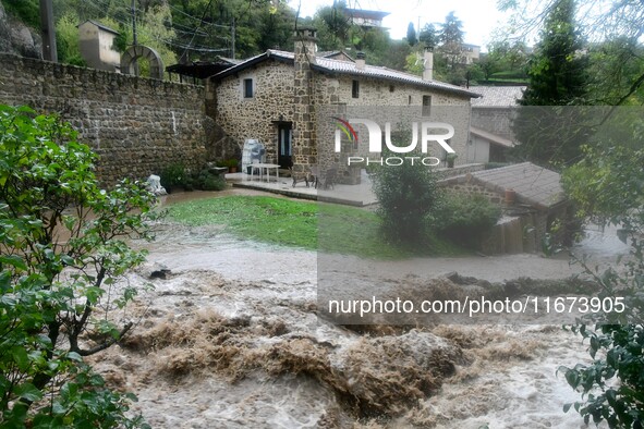 Floods and flooding occur in the village of Pelussin, Loire department, in France, on October 17, 2024. 