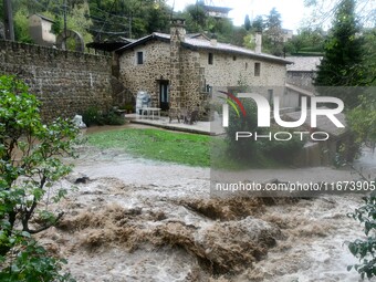 Floods and flooding occur in the village of Pelussin, Loire department, in France, on October 17, 2024. (