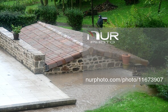 Floods and flooding occur in the village of Pelussin, Loire department, in France, on October 17, 2024. 