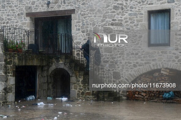 Floods and flooding occur in the village of Pelussin, Loire department, in France, on October 17, 2024. 