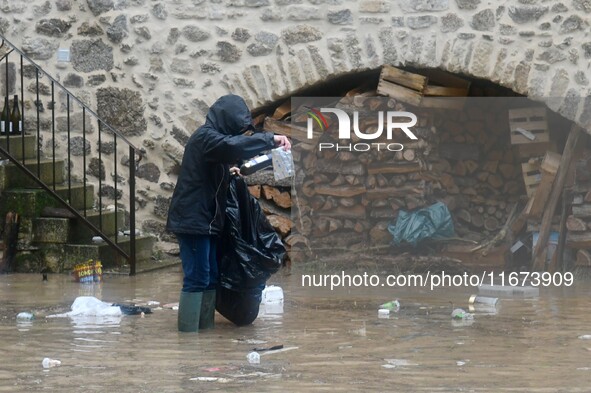 Floods and flooding occur in the village of Pelussin, Loire department, in France, on October 17, 2024. 