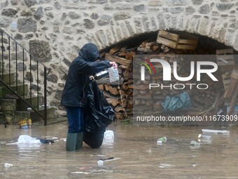 Floods and flooding occur in the village of Pelussin, Loire department, in France, on October 17, 2024. (