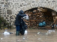 Floods and flooding occur in the village of Pelussin, Loire department, in France, on October 17, 2024. (