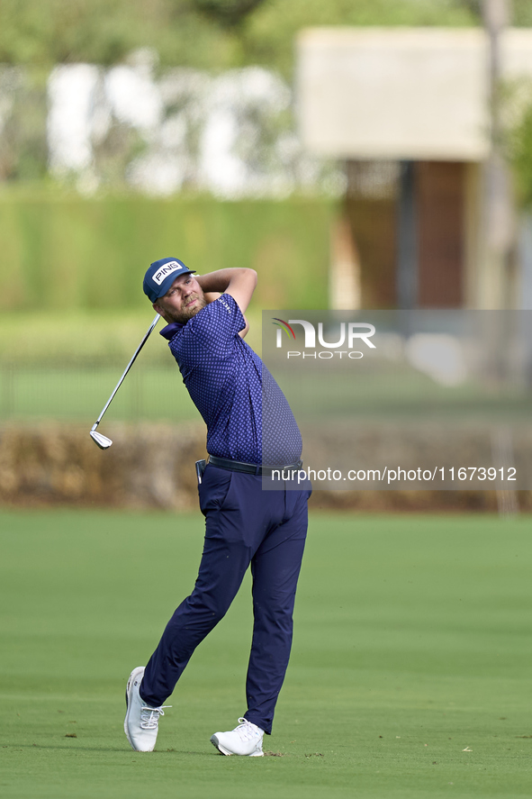 Daniel Brown of England plays his second shot on the 14th hole on day one of the Estrella Damm N.A. Andalucia Masters 2024 at Real Club de G...