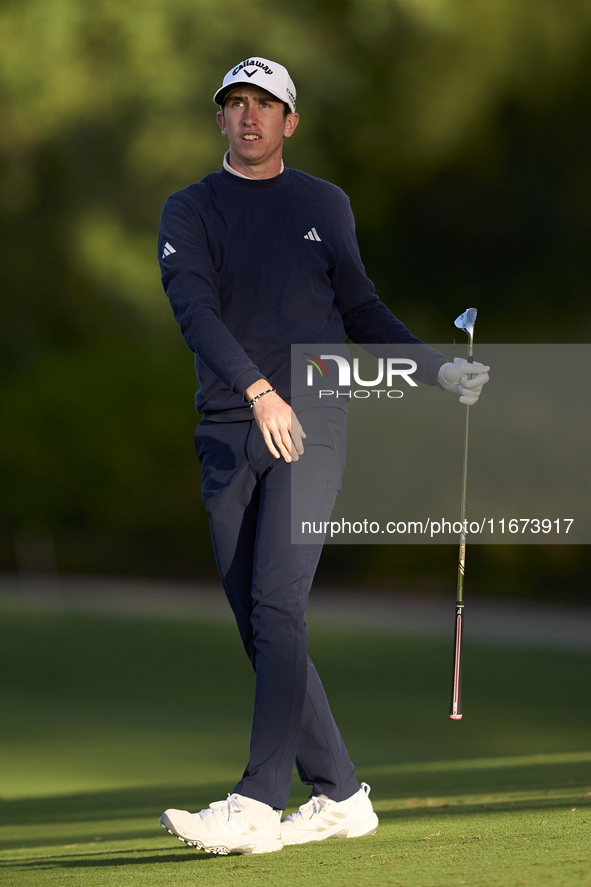 Tom McKibbin of North Ireland reacts to his second shot on the 10th hole on day one of the Estrella Damm N.A. Andalucia Masters 2024 at Real...