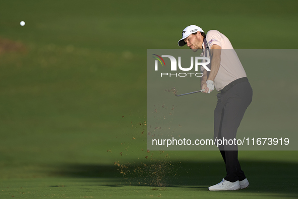 Rasmus Hojgaard of Denmark plays his second shot on the 10th hole on day one of the Estrella Damm N.A. Andalucia Masters 2024 at Real Club d...