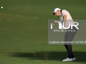 Rasmus Hojgaard of Denmark plays his second shot on the 10th hole on day one of the Estrella Damm N.A. Andalucia Masters 2024 at Real Club d...