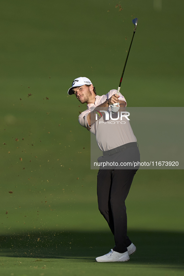 Rasmus Hojgaard of Denmark plays his second shot on the 10th hole on day one of the Estrella Damm N.A. Andalucia Masters 2024 at Real Club d...