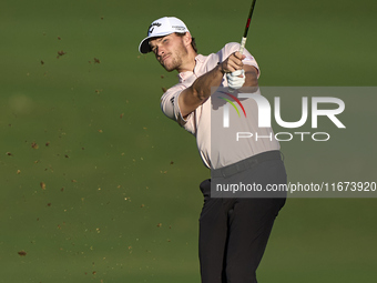 Rasmus Hojgaard of Denmark plays his second shot on the 10th hole on day one of the Estrella Damm N.A. Andalucia Masters 2024 at Real Club d...