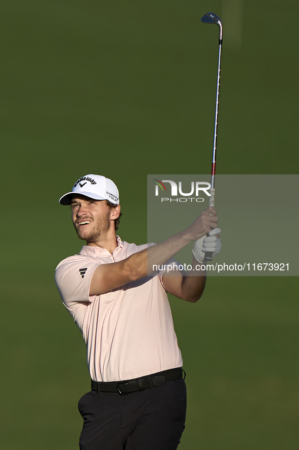 Rasmus Hojgaard of Denmark plays his second shot on the 10th hole on day one of the Estrella Damm N.A. Andalucia Masters 2024 at Real Club d...