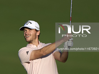 Rasmus Hojgaard of Denmark plays his second shot on the 10th hole on day one of the Estrella Damm N.A. Andalucia Masters 2024 at Real Club d...