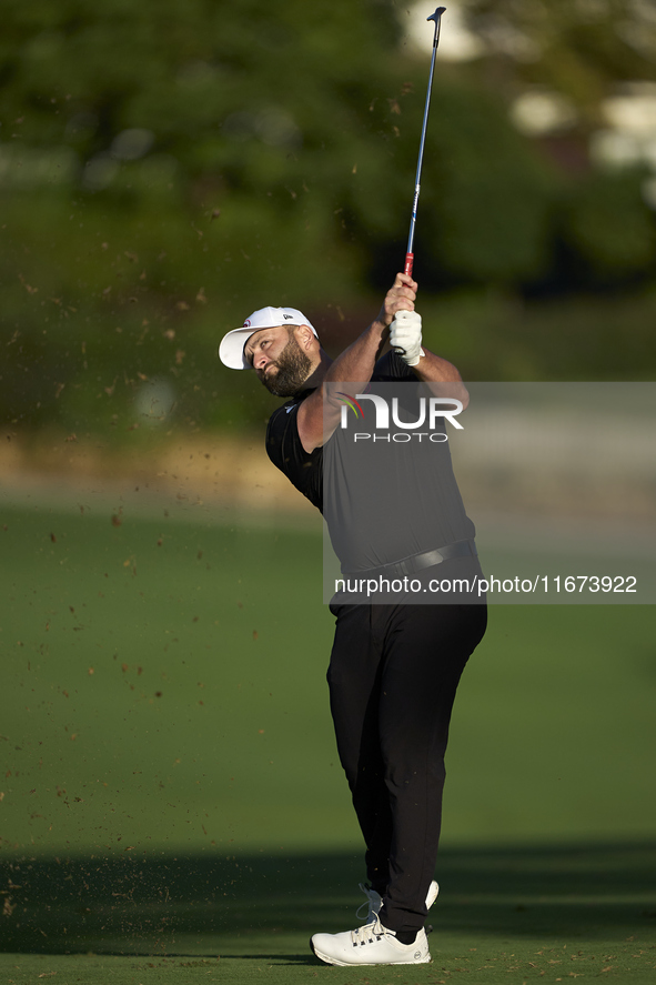 Jon Rahm of Spain plays his second shot on the 10th hole on day one of the Estrella Damm N.A. Andalucia Masters 2024 at Real Club de Golf So...