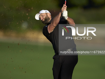 Jon Rahm of Spain plays his second shot on the 10th hole on day one of the Estrella Damm N.A. Andalucia Masters 2024 at Real Club de Golf So...