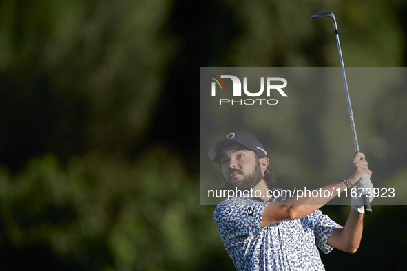 Angel Hidalgo of Spain plays his third shot on the 10th hole on day one of the Estrella Damm N.A. Andalucia Masters 2024 at Real Club de Gol...