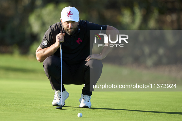 Jon Rahm of Spain studies his shot on the 10th green on day one of the Estrella Damm N.A. Andalucia Masters 2024 at Real Club de Golf Sotogr...