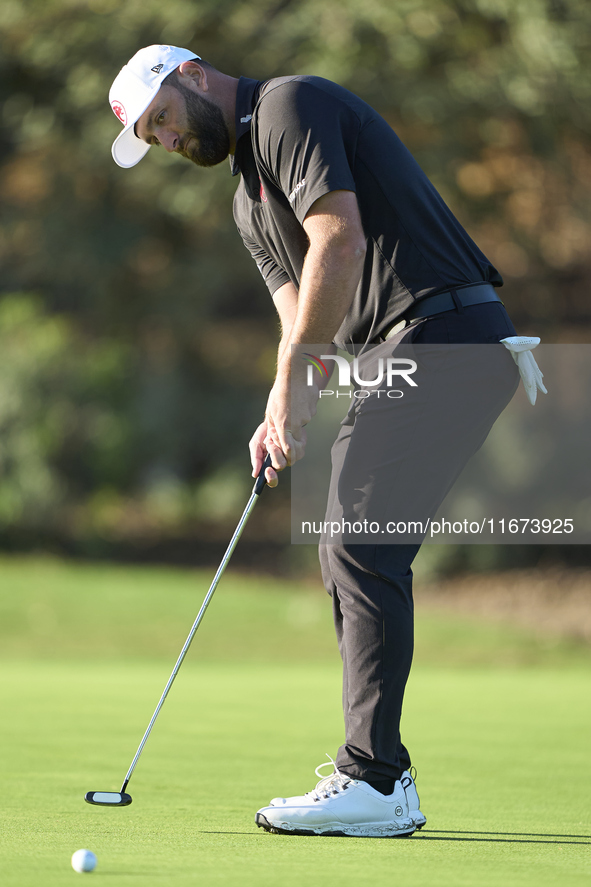 Jon Rahm of Spain plays a shot on the 10th green on day one of the Estrella Damm N.A. Andalucia Masters 2024 at Real Club de Golf Sotogrande...