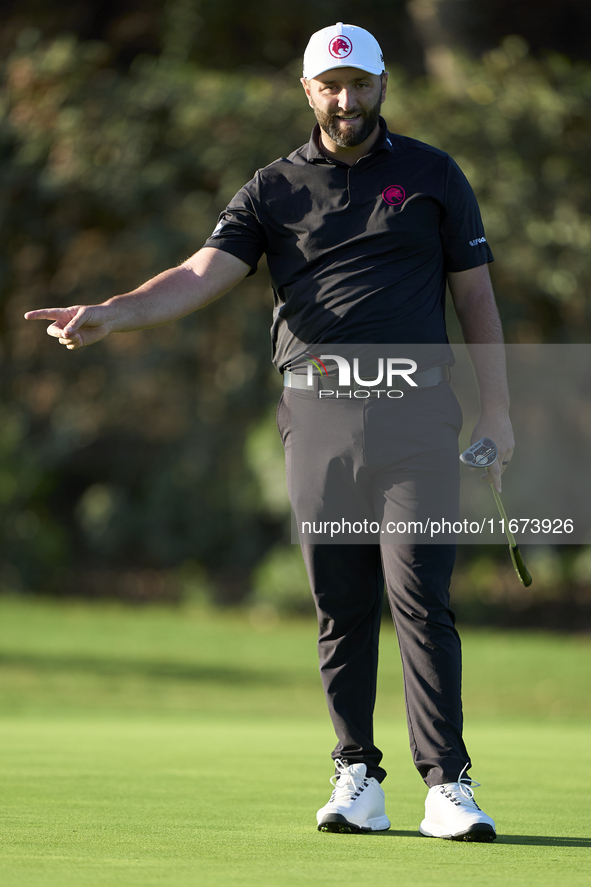 Jon Rahm of Spain reacts on the 10th green on day one of the Estrella Damm N.A. Andalucia Masters 2024 at Real Club de Golf Sotogrande in Sa...