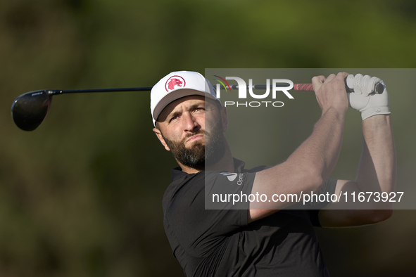 Jon Rahm of Spain tees off on the 11th hole on day one of the Estrella Damm N.A. Andalucia Masters 2024 at Real Club de Golf Sotogrande in S...