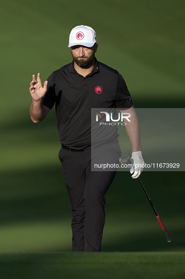 Jon Rahm of Spain reacts on the 11th green on day one of the Estrella Damm N.A. Andalucia Masters 2024 at Real Club de Golf Sotogrande in Sa...