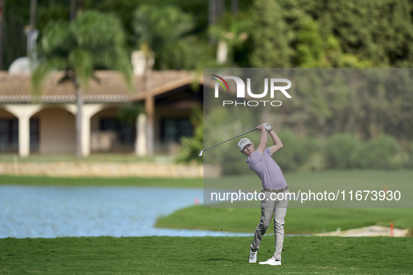 Jordan Gumberg of the USA plays his second shot on the 14th hole on day one of the Estrella Damm N.A. Andalucia Masters 2024 at Real Club de...