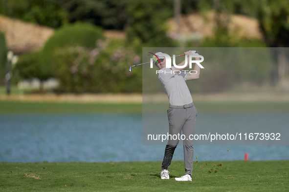 Richard Mansell of England plays his second shot on the 14th hole on day one of the Estrella Damm N.A. Andalucia Masters 2024 at Real Club d...