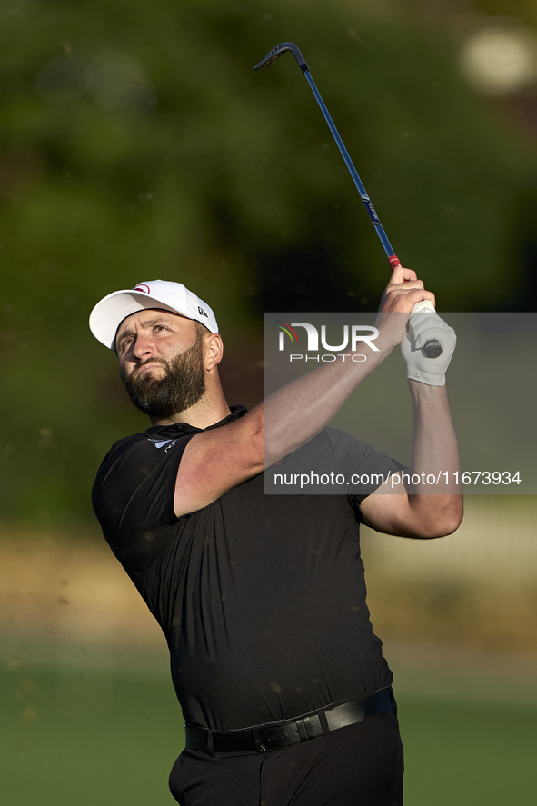 Jon Rahm of Spain plays his second shot on the 10th hole on day one of the Estrella Damm N.A. Andalucia Masters 2024 at Real Club de Golf So...