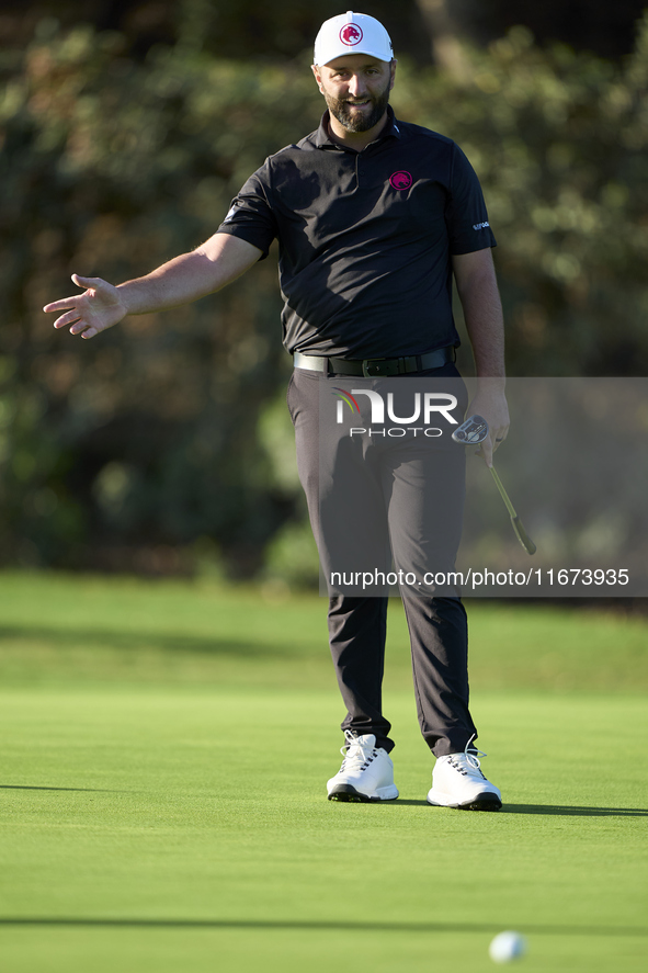 Jon Rahm of Spain reacts on the 10th green on day one of the Estrella Damm N.A. Andalucia Masters 2024 at Real Club de Golf Sotogrande in Sa...