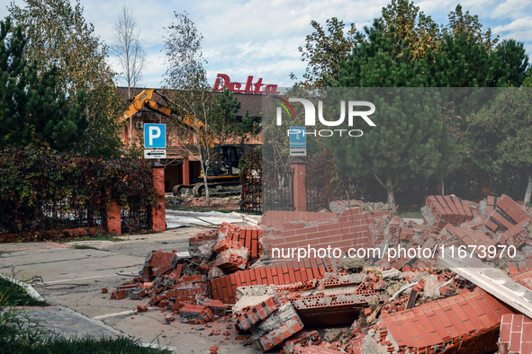 The rubble covers the ground at the Delta hotel and restaurant damaged by a Russian drone attack in Vylkove, Ukraine, on October 11, 2024. 