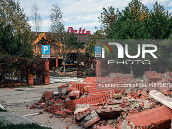 The rubble covers the ground at the Delta hotel and restaurant damaged by a Russian drone attack in Vylkove, Ukraine, on October 11, 2024. (