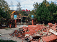 The rubble covers the ground at the Delta hotel and restaurant damaged by a Russian drone attack in Vylkove, Ukraine, on October 11, 2024. (