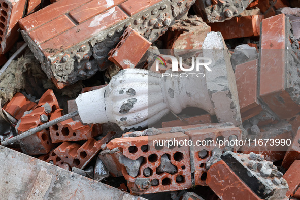 The rubble covers the ground at the Delta hotel and restaurant damaged by a Russian drone attack in Vylkove, Ukraine, on October 11, 2024. 