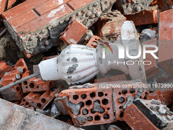 The rubble covers the ground at the Delta hotel and restaurant damaged by a Russian drone attack in Vylkove, Ukraine, on October 11, 2024. (