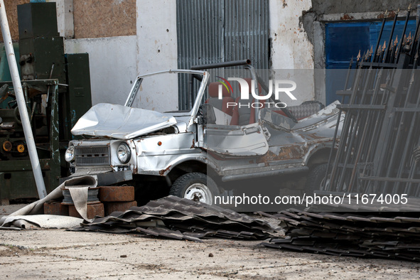 A buggy damaged by a Russian drone attack is in Vylkove, Odesa region, southern Ukraine, on October 11, 2024. NO USE RUSSIA. NO USE BELARUS....