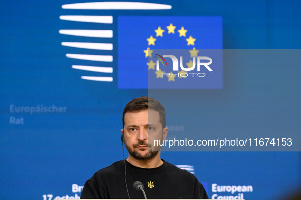 Ukraine's president Volodymyr Zelensky gives a press conference on the sidelines of the European Council Summit in Brussels, Belgium, on Oct...